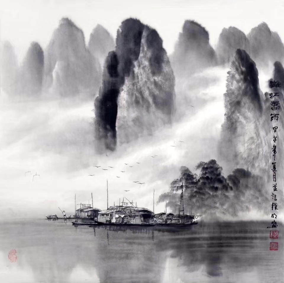 莫桂明老师国画作品四尺斗方水墨漓江烟云尺寸约68x68